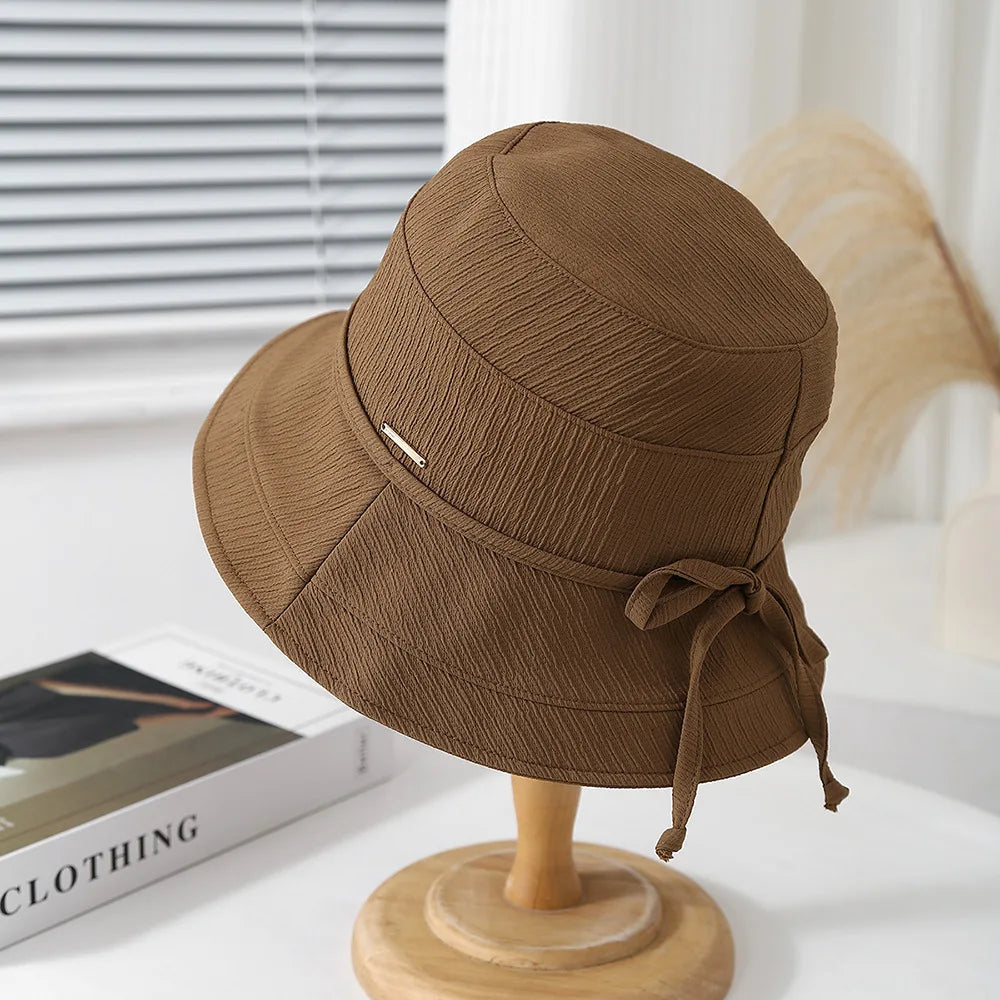 Korean Style Bow Plaid Foldable Bucket Hat