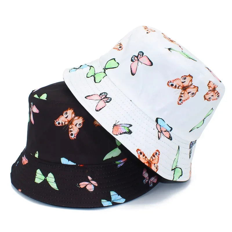 Wide Brim Butterfly Print Outdoor Panama Bucket Hat