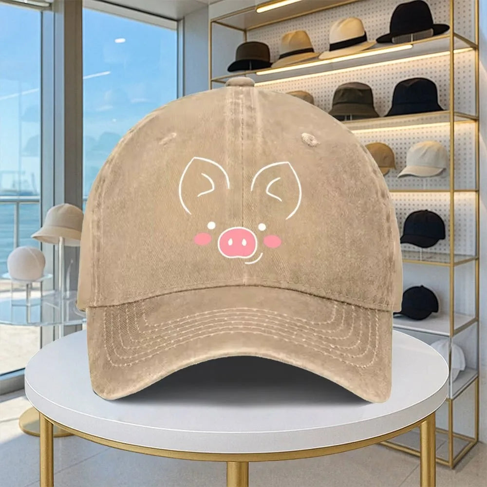Cute Pig Face Distressed Denim Baseball Cap