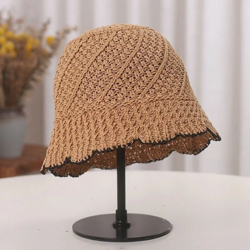 Summer Crochet Hollow Lace Trim Bucket Hat