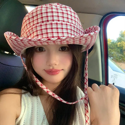 Ins Retro Red Plaid Big Brim Bucket Hat
