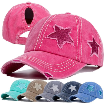 Distressed Star Curved Brim Ponytail Baseball Cap