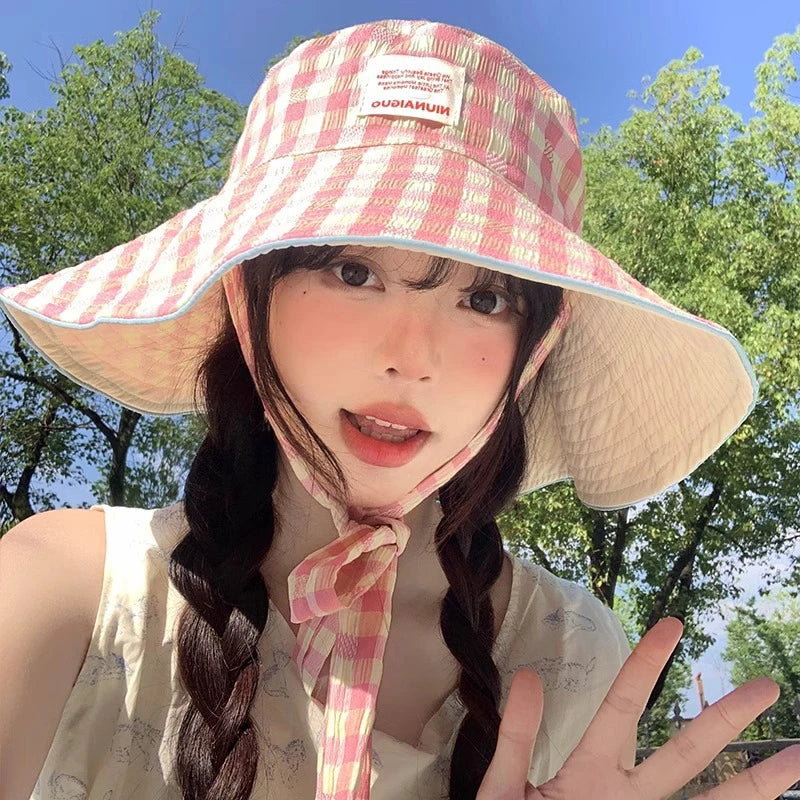 Double-Sided Plaid Lace-Up Bucket Hat Women