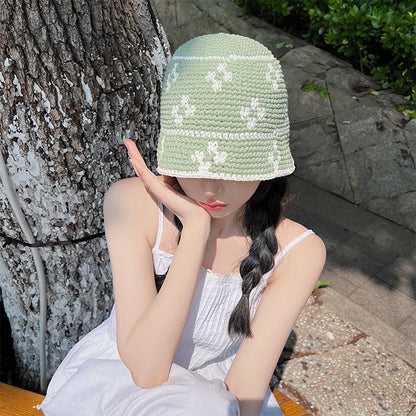 Korean Flower Crochet Handmade Panama Bucket Hat