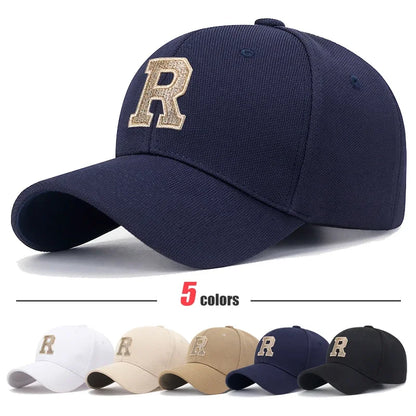 R Letter Gold Thread Embroidery Vintage Baseball Cap