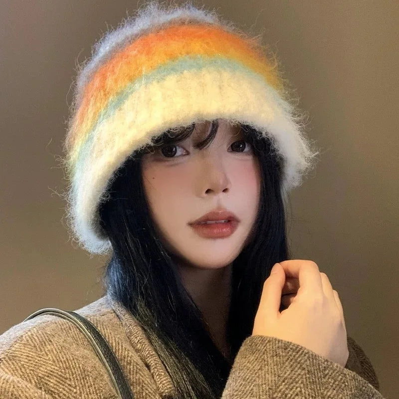 Gradient Stripe Wool Beanie Women Winter