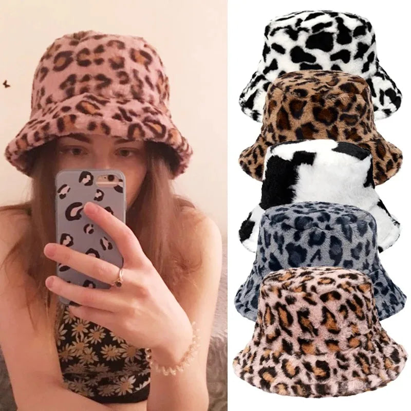 Retro Leopard Faux Fur Fluffy Bucket Hat