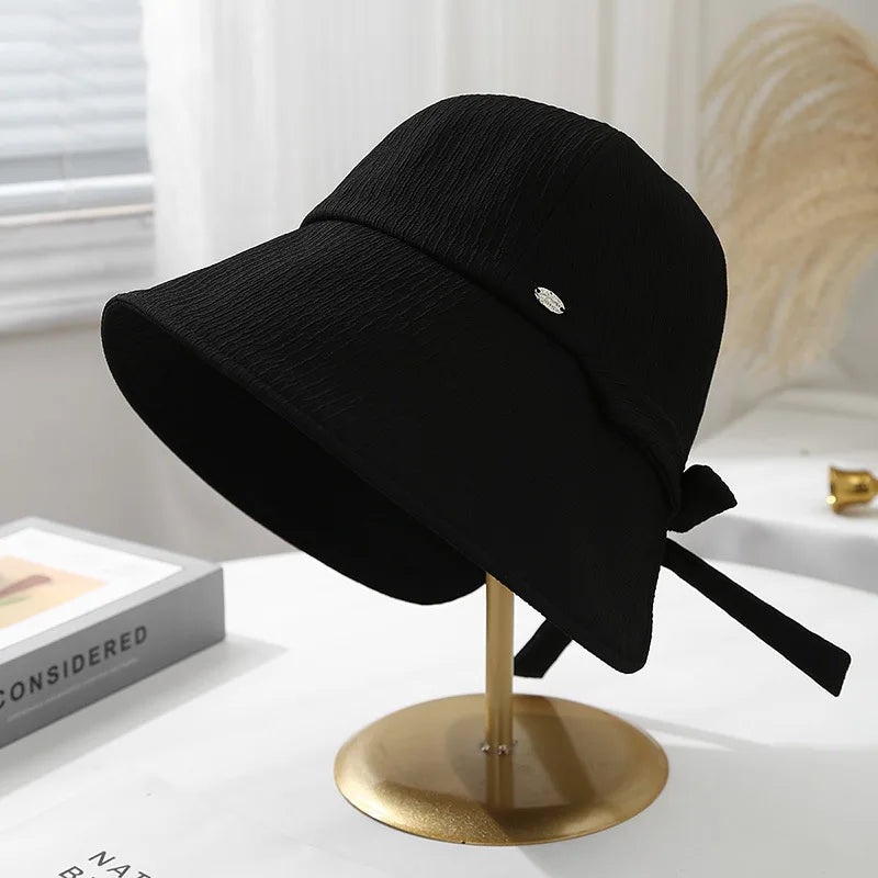Korean Solid Color Bow Wide Brim Bucket Hat