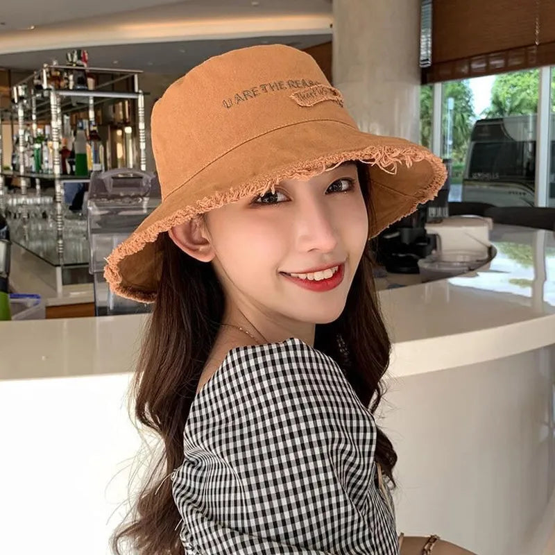 Solid Color Letter Embroidery Wide Brim Bucket Hat