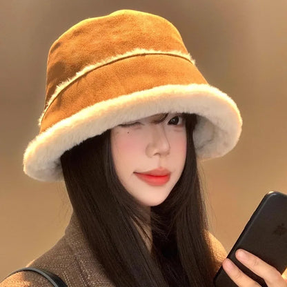 Retro Suede Plush Winter Bucket Hat