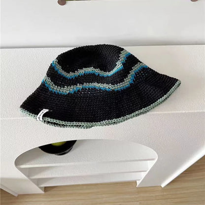 Japanese Korean Striped Colorblock Knitted Bucket Hat