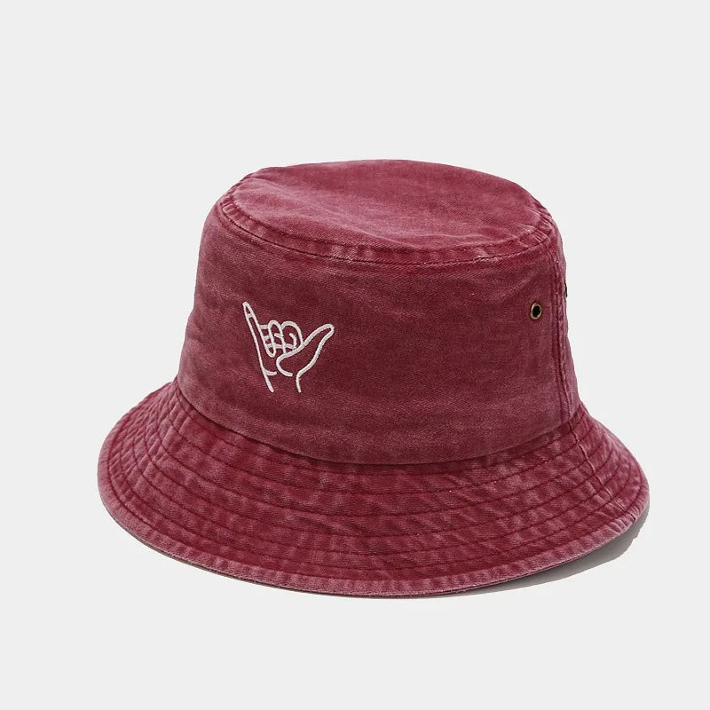 Cotton Cartoon Gesture Embroidery Bucket Hat