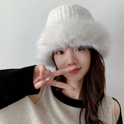 Plush Winter Fisherman Bucket Hat for Women