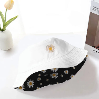 Unisex Double-Sided Daisy Embroidered Cotton Bucket Hat