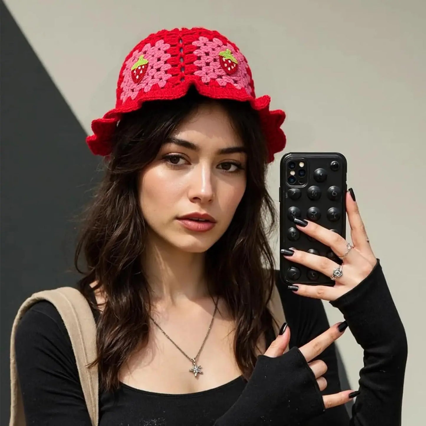Bohemian Strawberry Crochet Ruffled Edge Bucket Hat