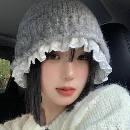 Women's Knitted Lace Trim Bucket Hat