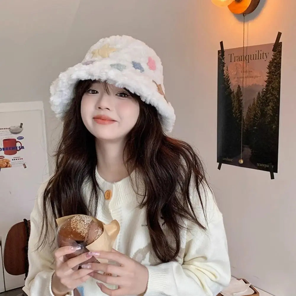 Star Plush Bucket Hat Women Autumn Winter