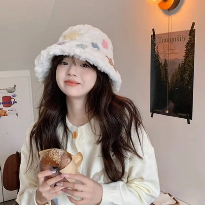 Star Plush Bucket Hat Women Autumn Winter