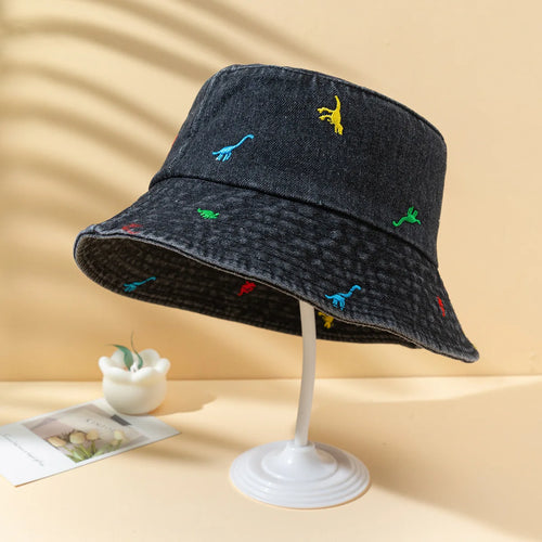 Cute Dinosaur Embroidery Denim Bucket Hat