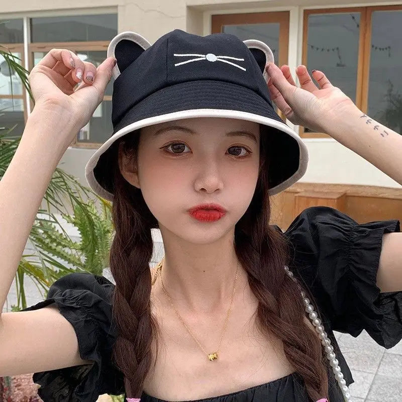 Kawaii Cat Ear Cotton Bucket Hat – Unisex Y2K Summer Cap