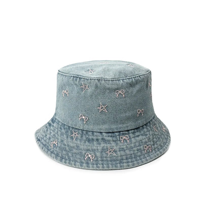 Bow Star Embroidered Denim Bucket Hat