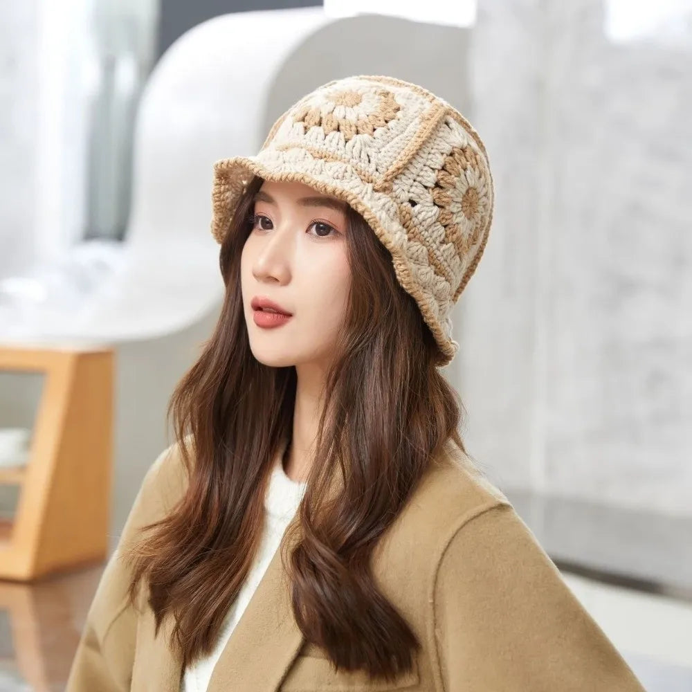 Korean Hollow Flower Knitted Bucket Hat