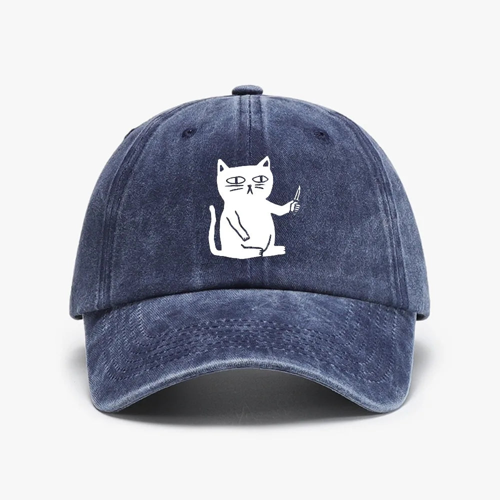 Cute Cartoon Cat Vintage Washed Denim Baseball Cap