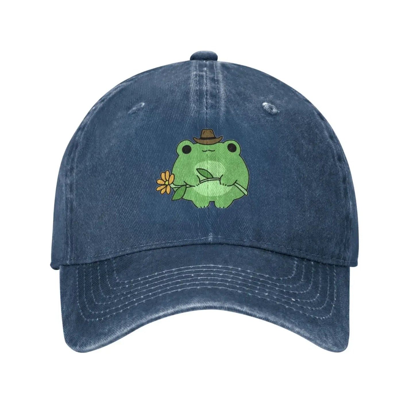 Cute Frog Flower Washed Denim Adjustable Baseball Cap
