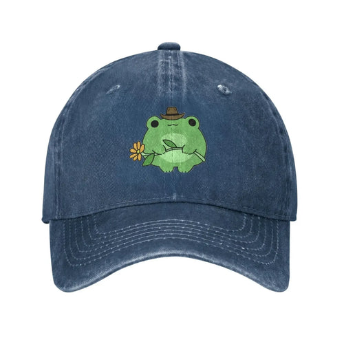 Cute Frog Flower Washed Denim Adjustable Baseball Cap