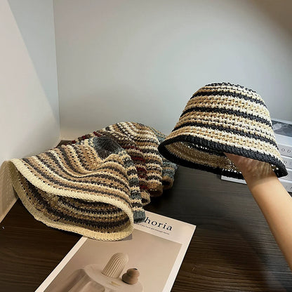 Handmade Stripe Foldable Fashion Straw Bucket Hat