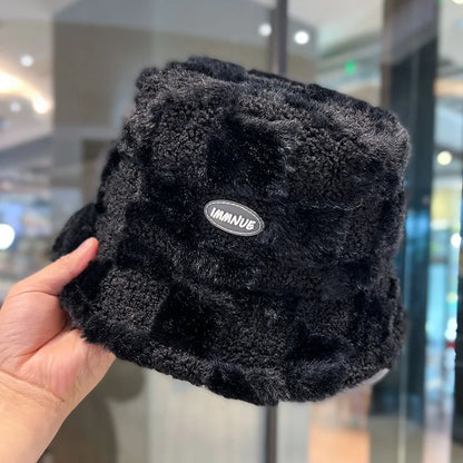 Lamb Plaid Velvet Winter Bucket Hat