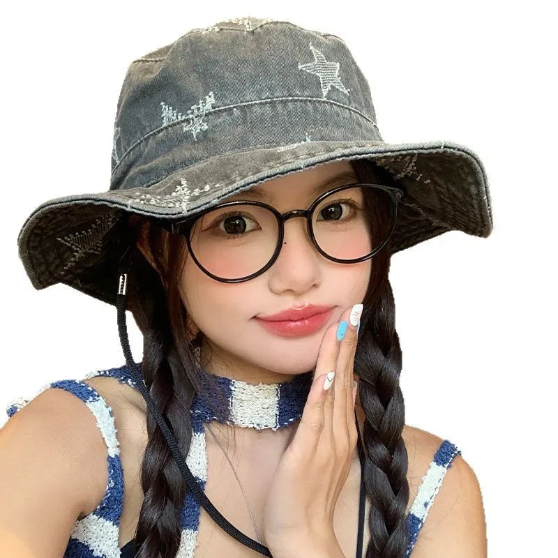 Korean Retro Star Embroidery Washed Denim Bucket Hat