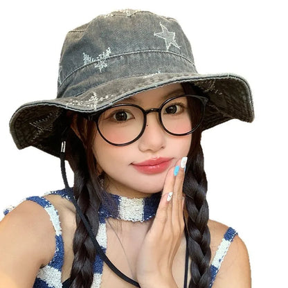 Korean Retro Star Embroidery Washed Denim Bucket Hat