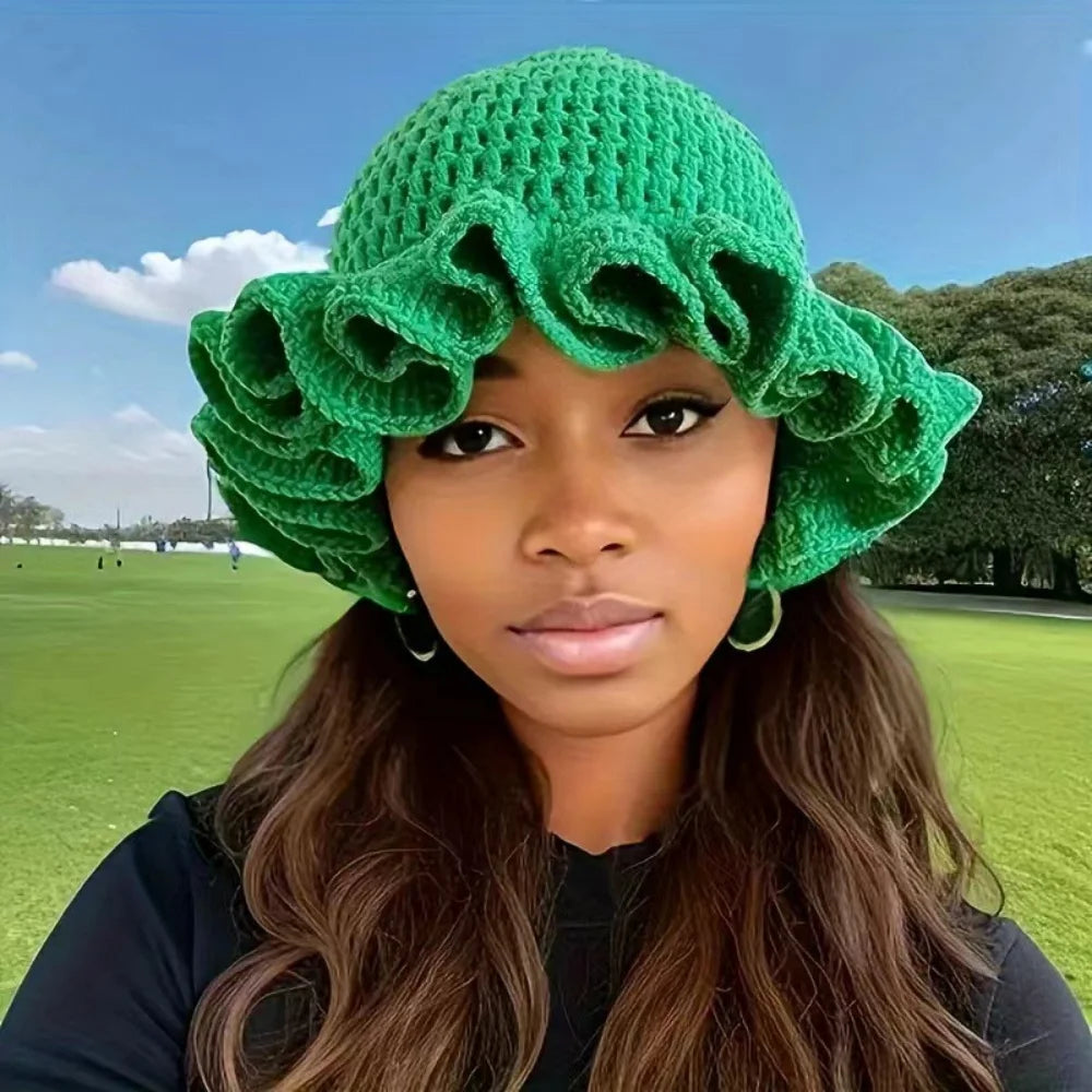 Colorful Crochet Ruffle Knit Bucket Hat