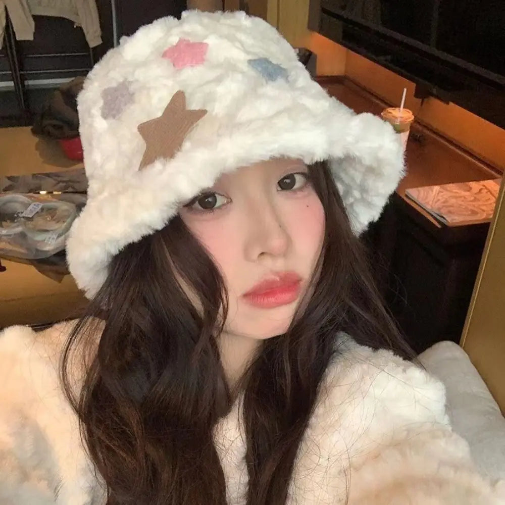 Star Plush Winter Fisherman Hat Women Foldable Warm Cap