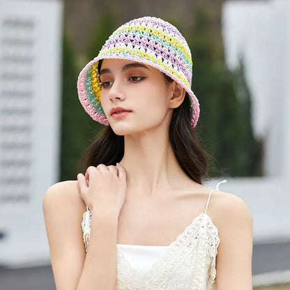 Womens Rainbow Straw Summer Bucket Hat