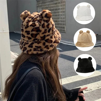Women's Fluffy Bear Ear Bucket Hat