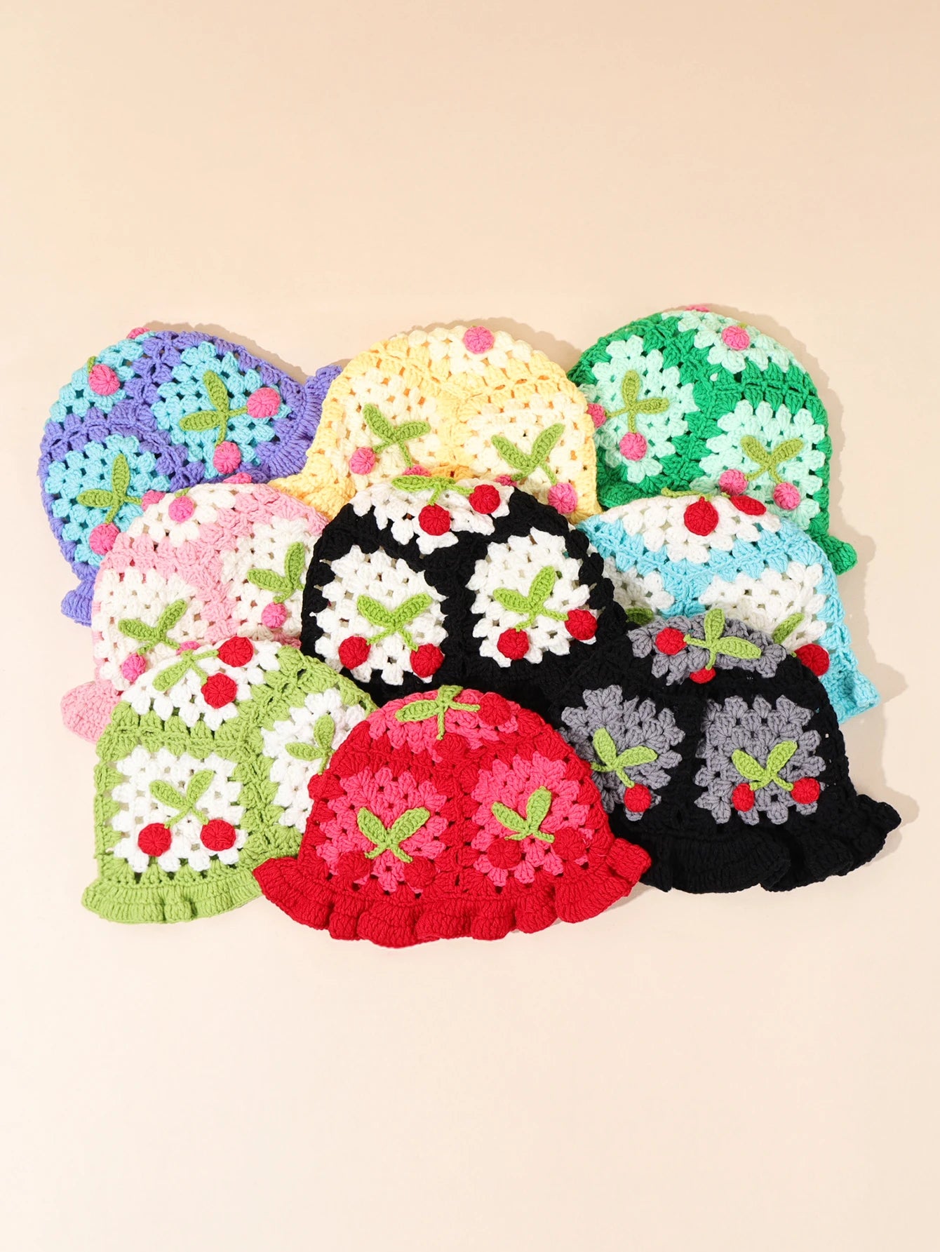 Retro Cherry Handmade Crochet Winter Bucket Hat
