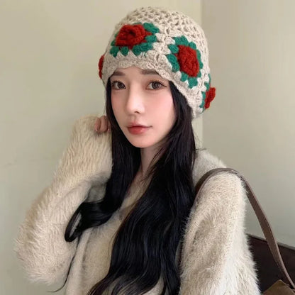 Korean Handmade Crochet Flower Warm Winter Bucket Hat