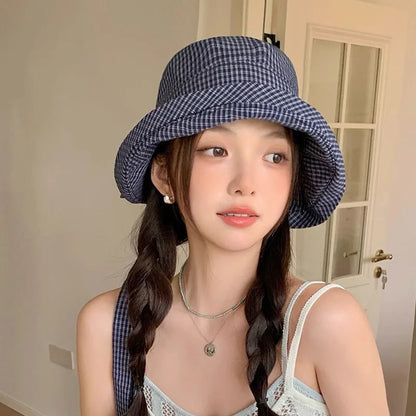 Korean Plaid Foldable Big Brim Summer Bucket Hat