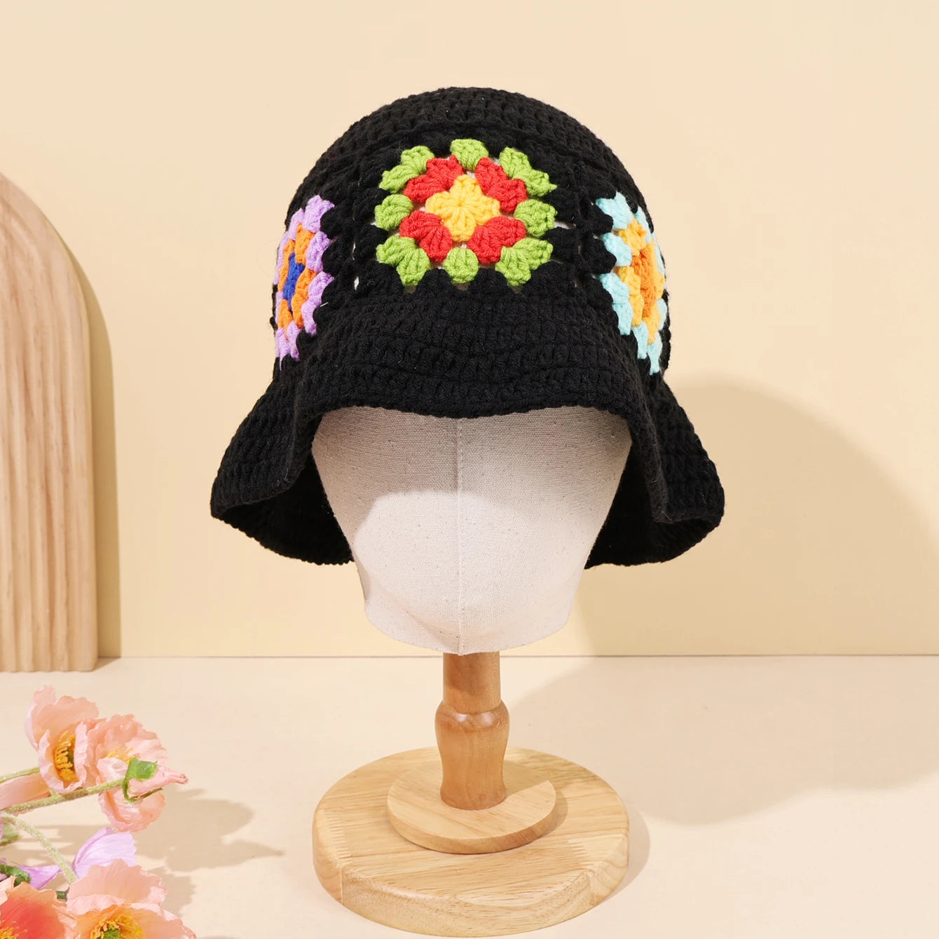 Colorful Floral Patchwork Black Crochet Bucket Hat