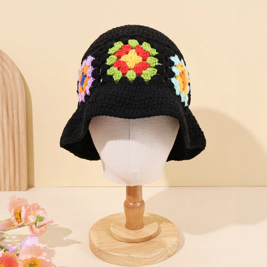 Colorful Floral Patchwork Black Crochet Bucket Hat