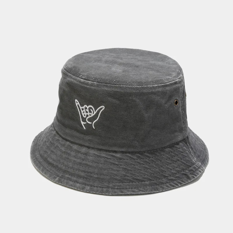 Cotton Cartoon Gesture Embroidery Bucket Hat