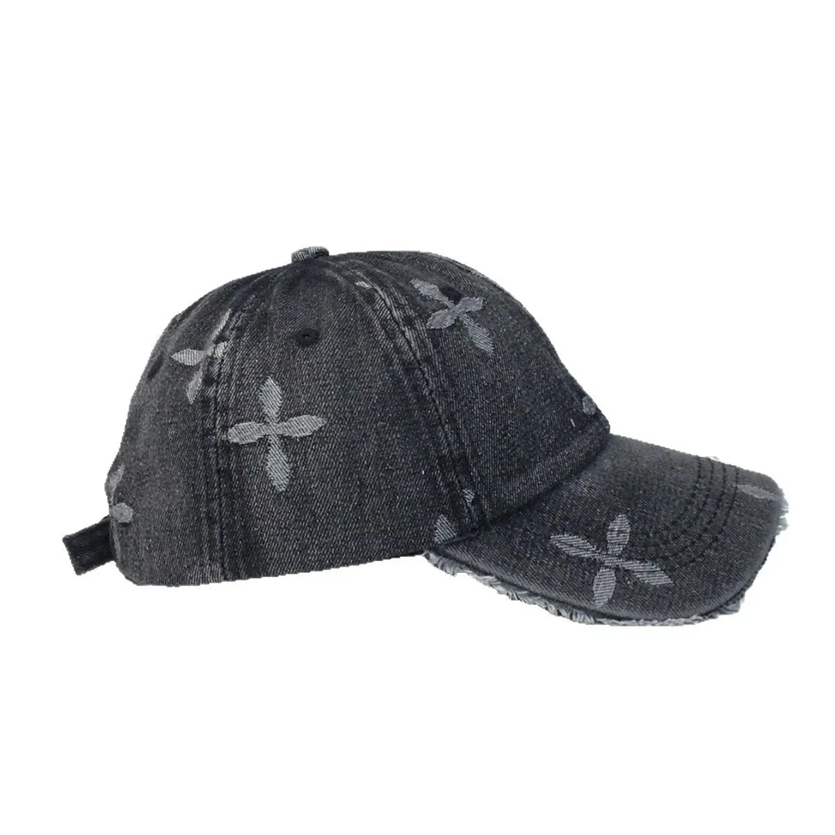 Cross Denim Jacquard Fringe Distressed Baseball Cap