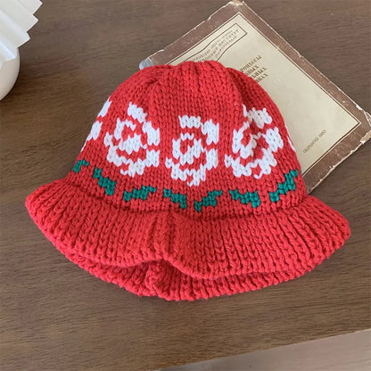 Ethnic Style Retro Warm Knit Women Bucket Hat
