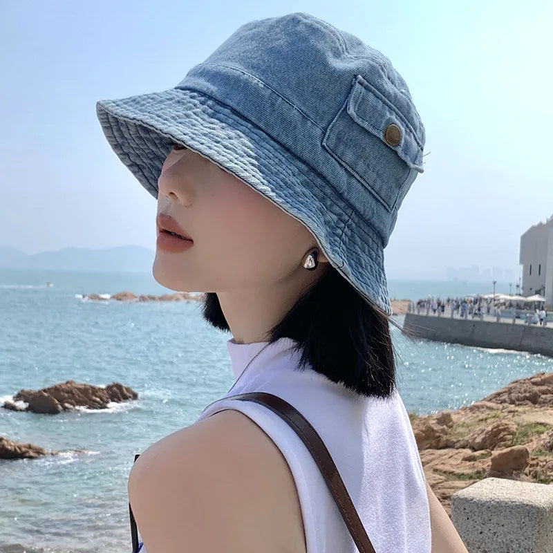 Korean Vintage Solid Denim Bucket Hat
