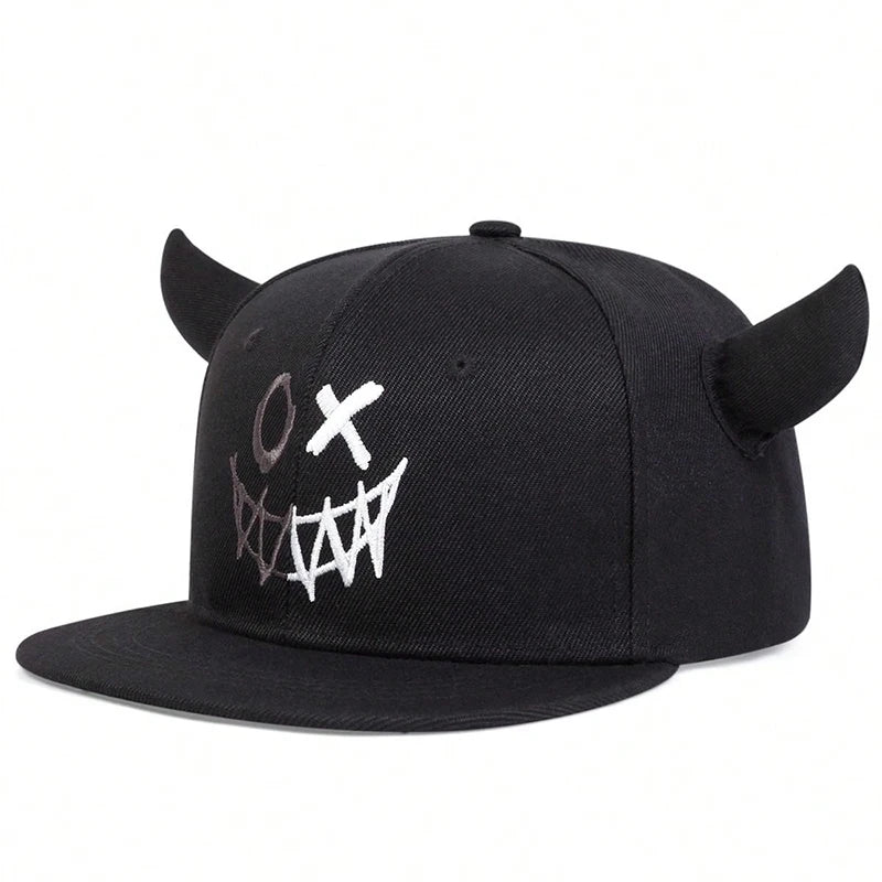 Smiling Face Cow Horn Snapback Cap