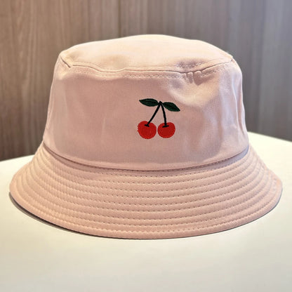 Solid Color Cherry Embroidered Cotton Bucket Hat