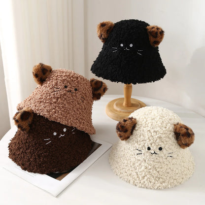 Leopard Cat Ear Bucket Hat Women Winter