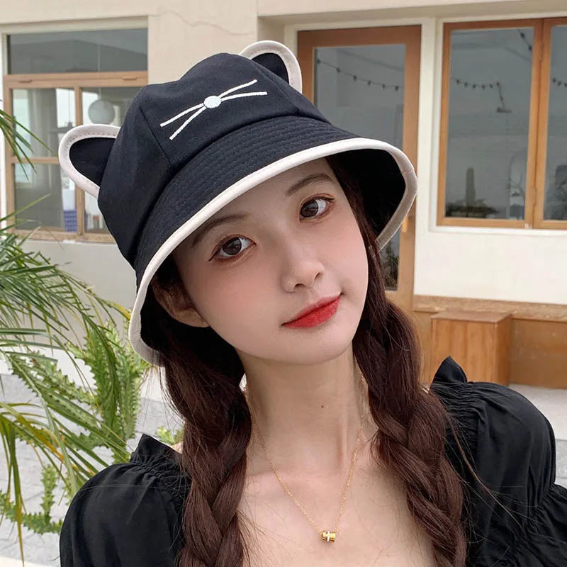 Kawaii Cat Ear Cotton Bucket Hat – Unisex Y2K Summer Cap